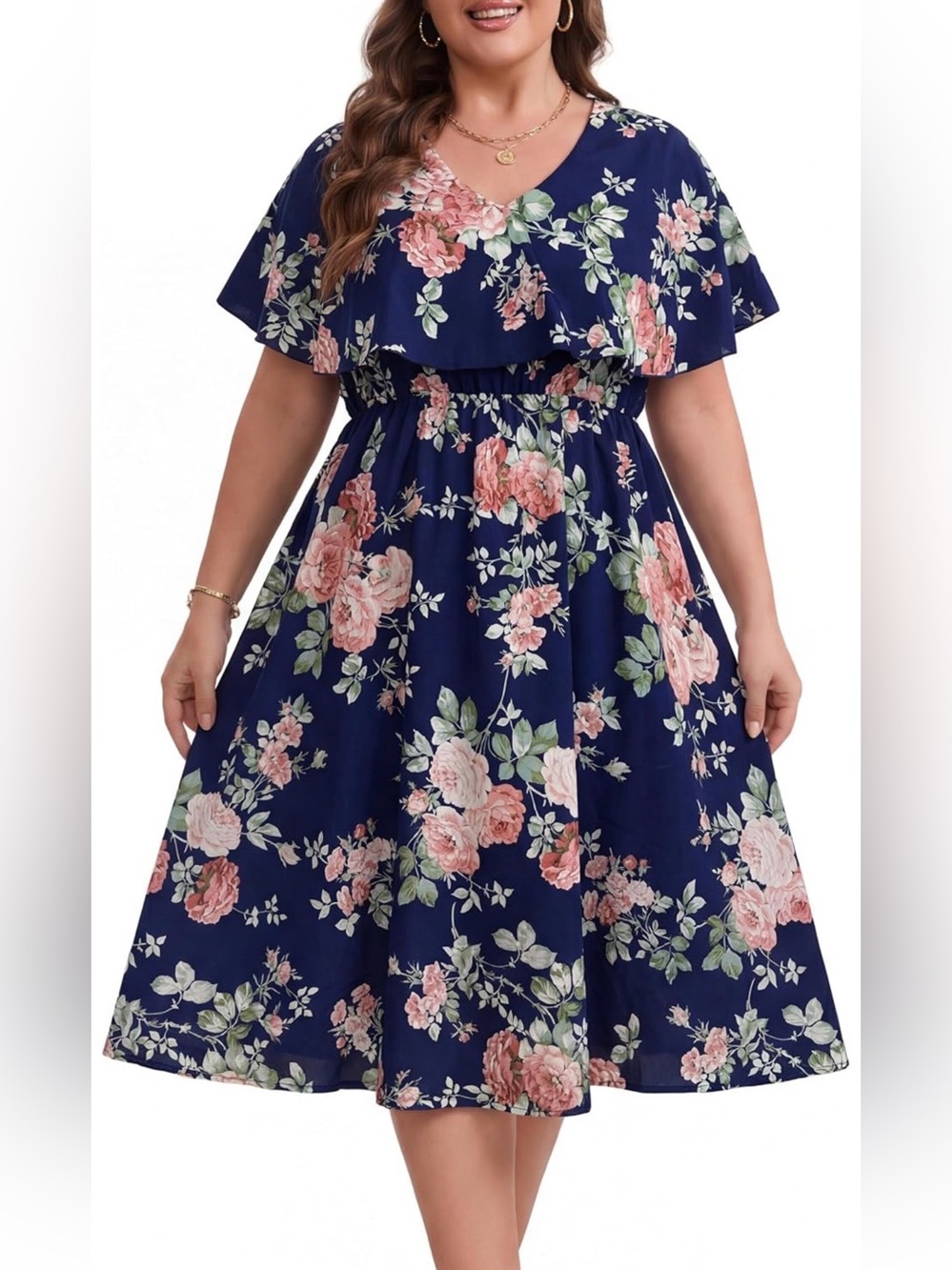 A565 YAMQETKO Short Sleeves A Line Midi Plus Size Blue Dress summer floral NWT